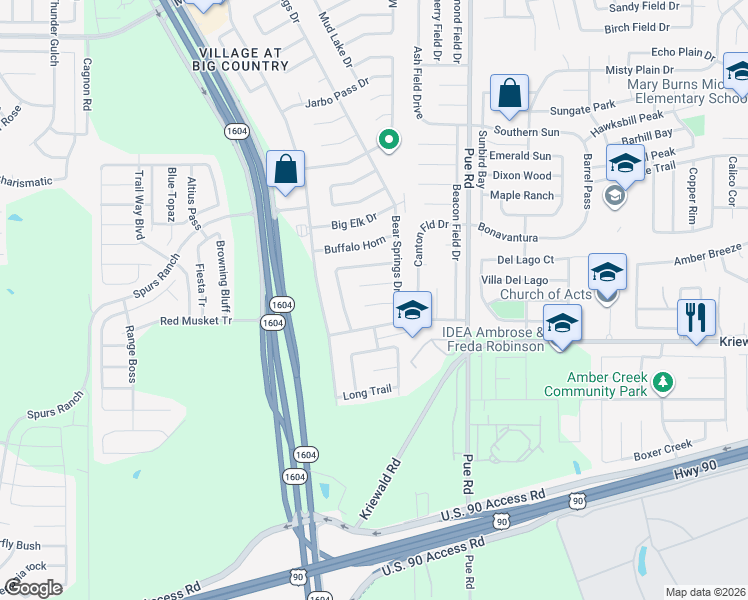 map of restaurants, bars, coffee shops, grocery stores, and more near 11430 Bald Eagle Way in San Antonio