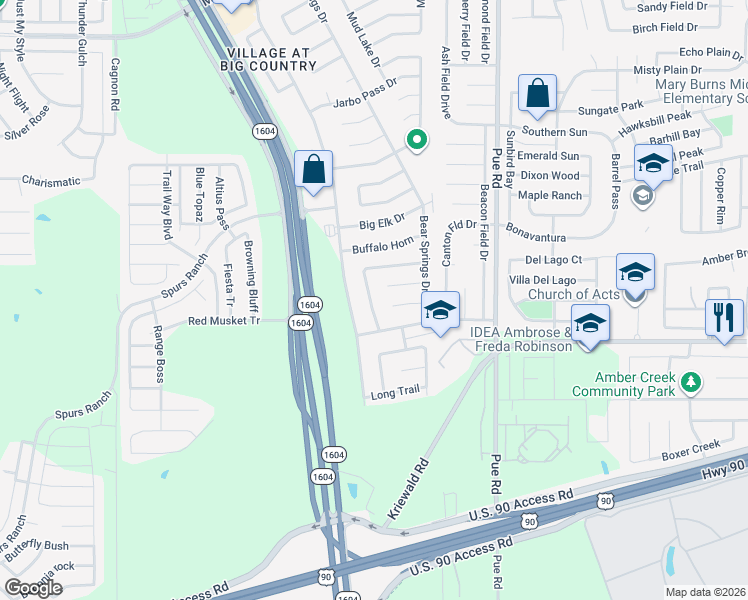 map of restaurants, bars, coffee shops, grocery stores, and more near 11430 Bald Eagle Way in San Antonio