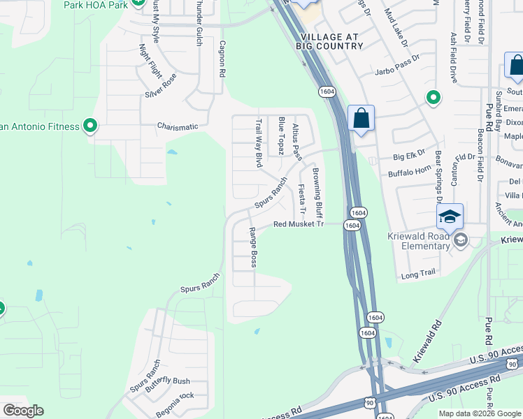 map of restaurants, bars, coffee shops, grocery stores, and more near 10915 Palomino Bluff in San Antonio