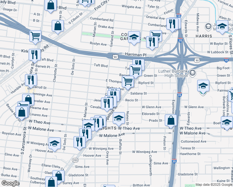 map of restaurants, bars, coffee shops, grocery stores, and more near 132 Walton Avenue in San Antonio