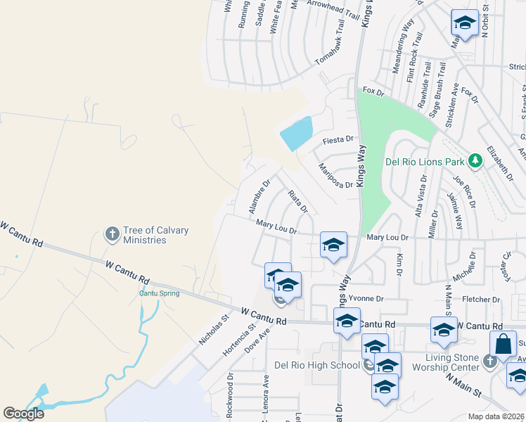 map of restaurants, bars, coffee shops, grocery stores, and more near 108 Caballo Drive in Del Rio