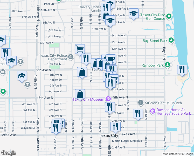 map of restaurants, bars, coffee shops, grocery stores, and more near 720 8th Avenue North in Texas City