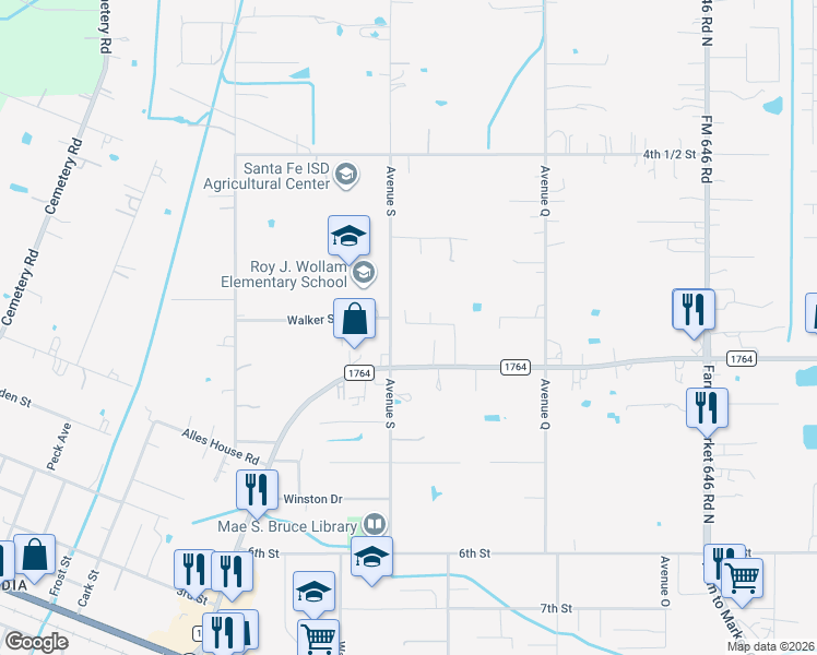 map of restaurants, bars, coffee shops, grocery stores, and more near Avenue South in Santa Fe