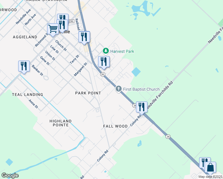 map of restaurants, bars, coffee shops, grocery stores, and more near 13902 Texas 36 in Needville