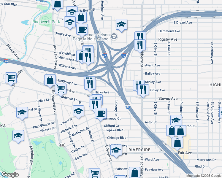 map of restaurants, bars, coffee shops, grocery stores, and more near 634 McKinley Avenue in San Antonio