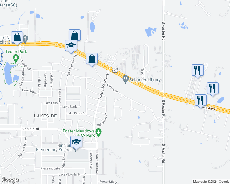 map of restaurants, bars, coffee shops, grocery stores, and more near 6202 Lakefront in San Antonio