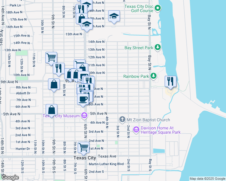 map of restaurants, bars, coffee shops, grocery stores, and more near 320 8th Avenue North in Texas City
