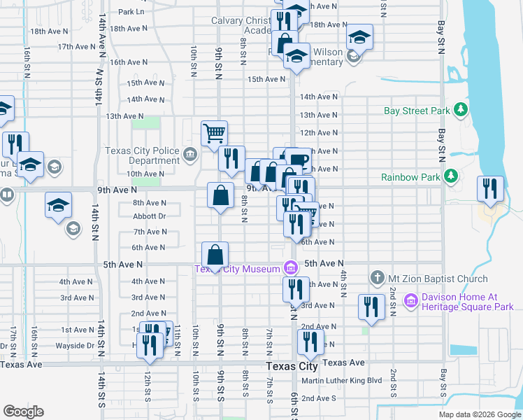 map of restaurants, bars, coffee shops, grocery stores, and more near 720 8th Avenue North in Texas City