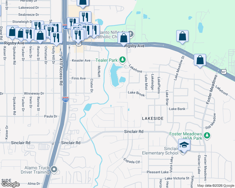 map of restaurants, bars, coffee shops, grocery stores, and more near 2801 Lake Emerald in San Antonio