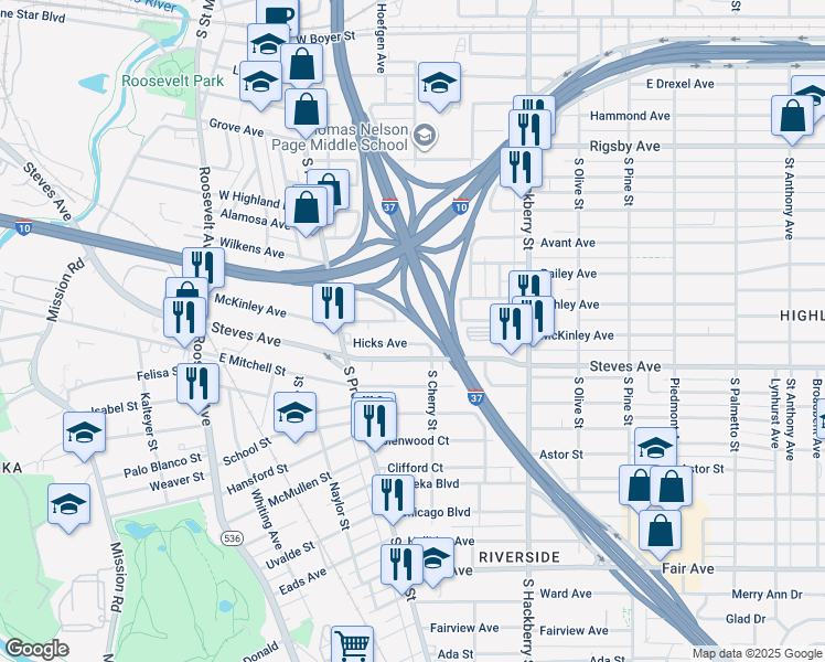 map of restaurants, bars, coffee shops, grocery stores, and more near 634 McKinley Avenue in San Antonio