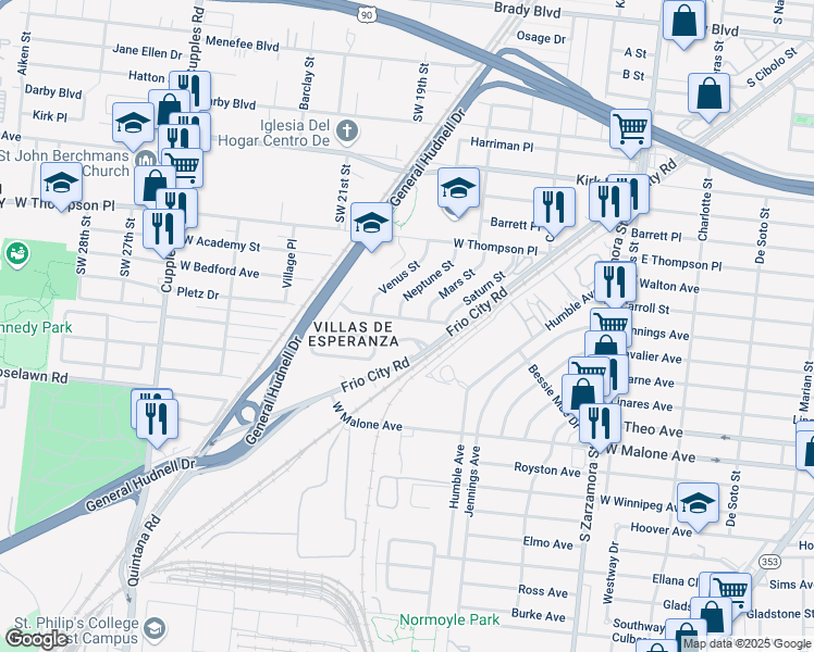 map of restaurants, bars, coffee shops, grocery stores, and more near 2206 Jupiter Street in San Antonio