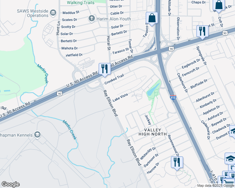 map of restaurants, bars, coffee shops, grocery stores, and more near 8351-8399 Lake Vista in San Antonio