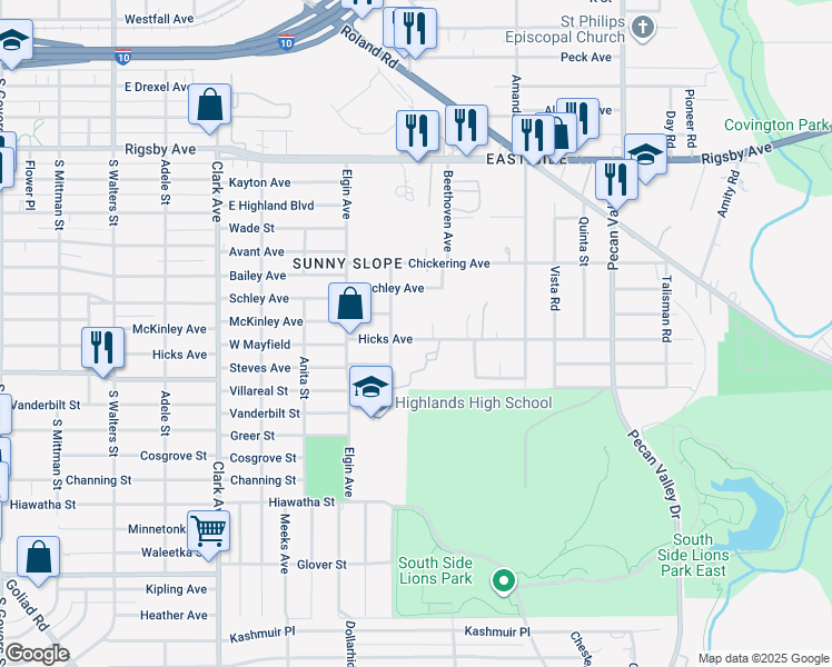 map of restaurants, bars, coffee shops, grocery stores, and more near 2519 Hicks Avenue in San Antonio