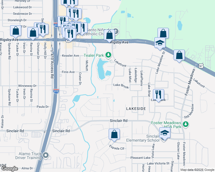 map of restaurants, bars, coffee shops, grocery stores, and more near 2801 Lake Emerald in San Antonio