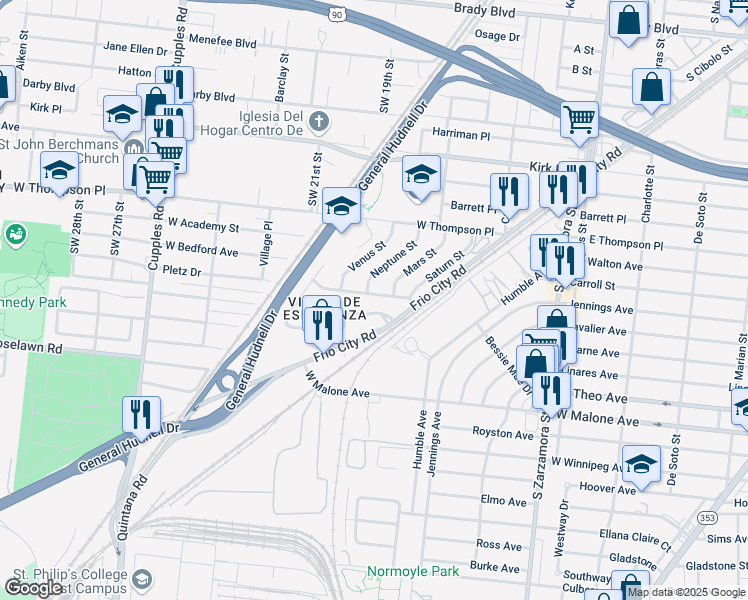 map of restaurants, bars, coffee shops, grocery stores, and more near 2206 Jupiter Street in San Antonio