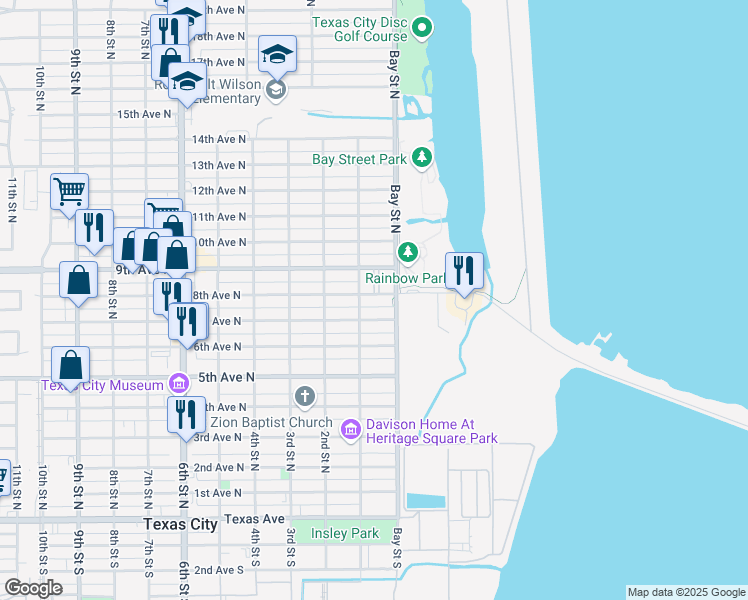 map of restaurants, bars, coffee shops, grocery stores, and more near 19 8th Avenue North in Texas City