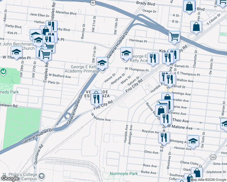 map of restaurants, bars, coffee shops, grocery stores, and more near 2103 Jupiter Street in San Antonio