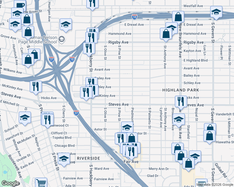 map of restaurants, bars, coffee shops, grocery stores, and more near 1027 McKinley Avenue in San Antonio