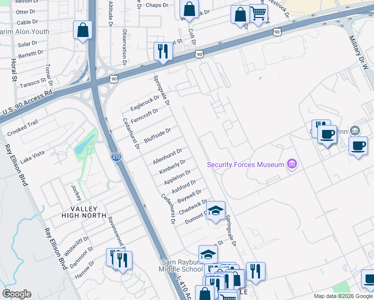 map of restaurants, bars, coffee shops, grocery stores, and more near 102 Allenhurst Street in San Antonio