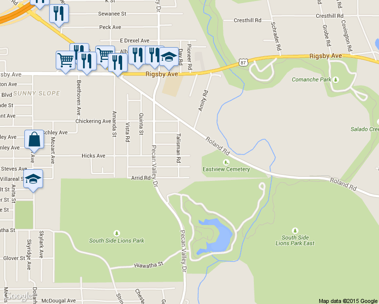 map of restaurants, bars, coffee shops, grocery stores, and more near 3510 Roland Road in San Antonio