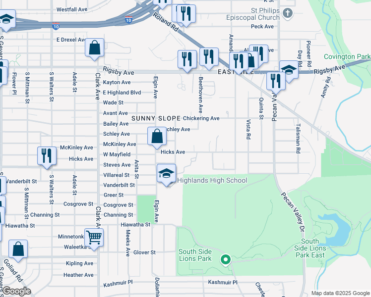 map of restaurants, bars, coffee shops, grocery stores, and more near 2519 Hicks Avenue in San Antonio