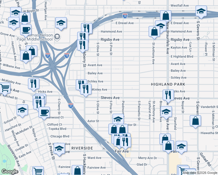 map of restaurants, bars, coffee shops, grocery stores, and more near 1027 McKinley Avenue in San Antonio
