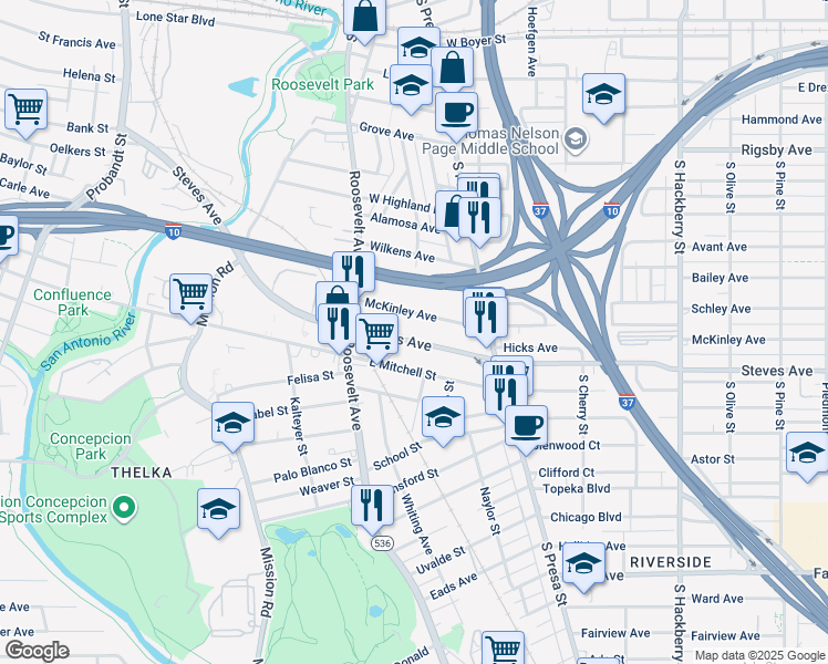 map of restaurants, bars, coffee shops, grocery stores, and more near 851 Steves Avenue in San Antonio