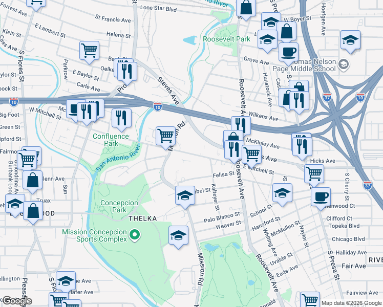 map of restaurants, bars, coffee shops, grocery stores, and more near 249-299 East Mitchell Street in San Antonio