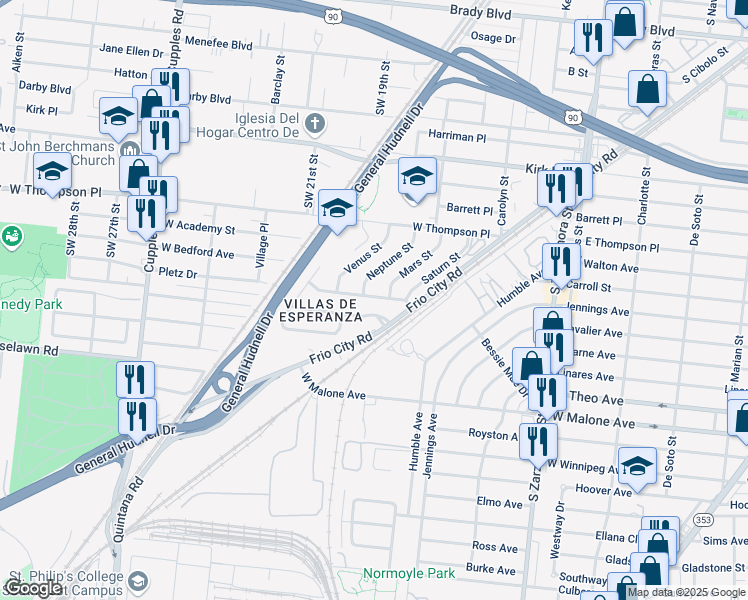 map of restaurants, bars, coffee shops, grocery stores, and more near 2103 Jupiter Street in San Antonio