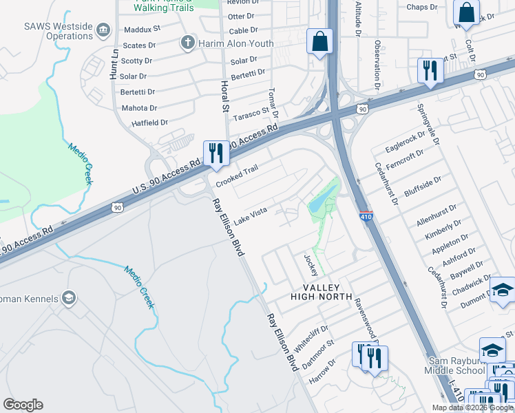 map of restaurants, bars, coffee shops, grocery stores, and more near 8351-8399 Lake Vista in San Antonio