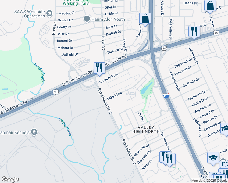 map of restaurants, bars, coffee shops, grocery stores, and more near 8351-8399 Lake Vista in San Antonio