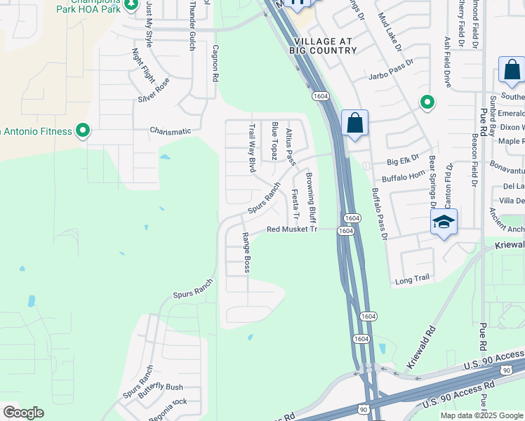 map of restaurants, bars, coffee shops, grocery stores, and more near 10915 Palomino Bluff in San Antonio