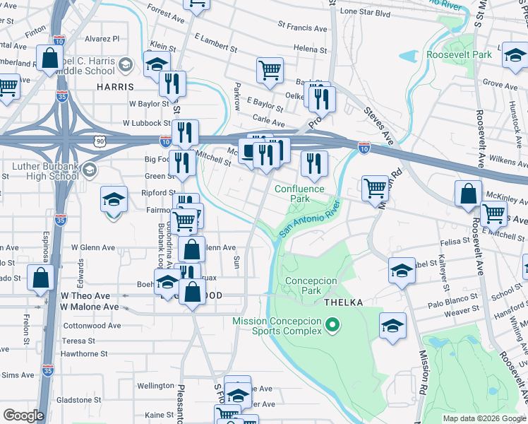 map of restaurants, bars, coffee shops, grocery stores, and more near 134 Odis in San Antonio