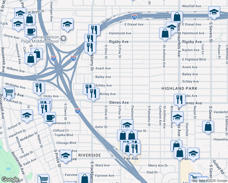 map of restaurants, bars, coffee shops, grocery stores, and more near 1027 McKinley Avenue in San Antonio