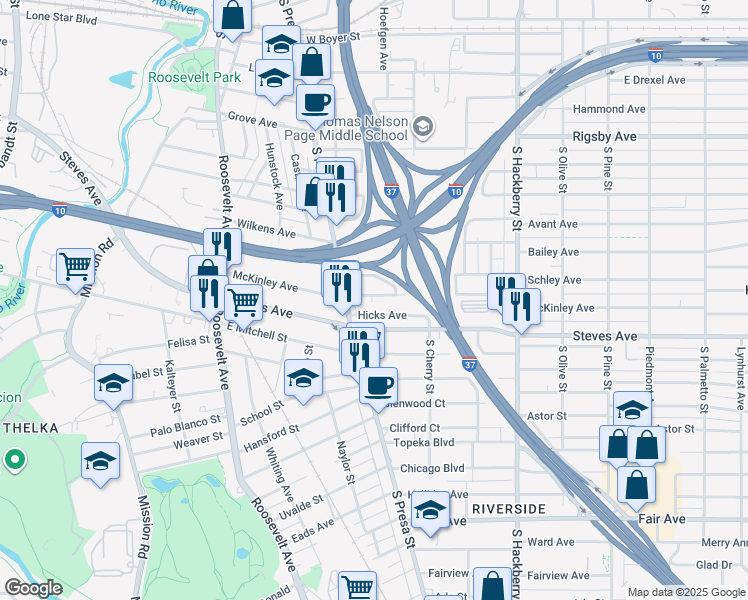map of restaurants, bars, coffee shops, grocery stores, and more near 528 McKinley Avenue in San Antonio