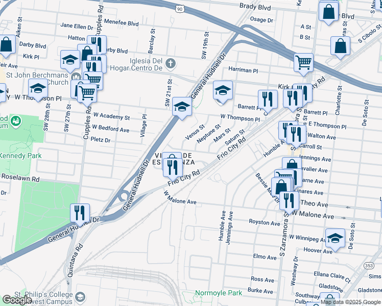 map of restaurants, bars, coffee shops, grocery stores, and more near 2206 Jupiter Street in San Antonio