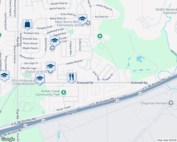 map of restaurants, bars, coffee shops, grocery stores, and more near 9706 Amber Ledge in San Antonio