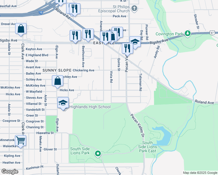 map of restaurants, bars, coffee shops, grocery stores, and more near 1758 Amanda Street in San Antonio