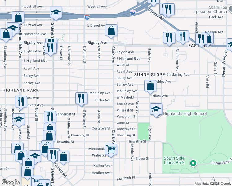 map of restaurants, bars, coffee shops, grocery stores, and more near 2108 McKinley Avenue in San Antonio