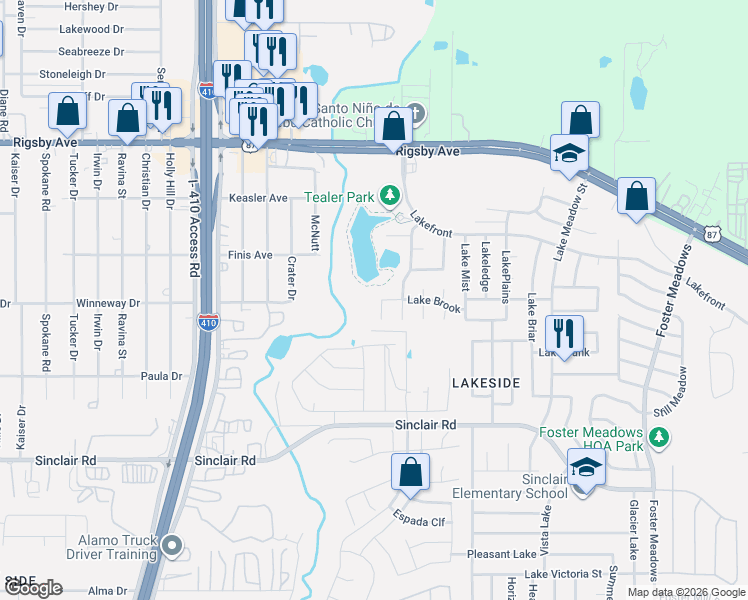map of restaurants, bars, coffee shops, grocery stores, and more near 2801 Lake Emerald in San Antonio