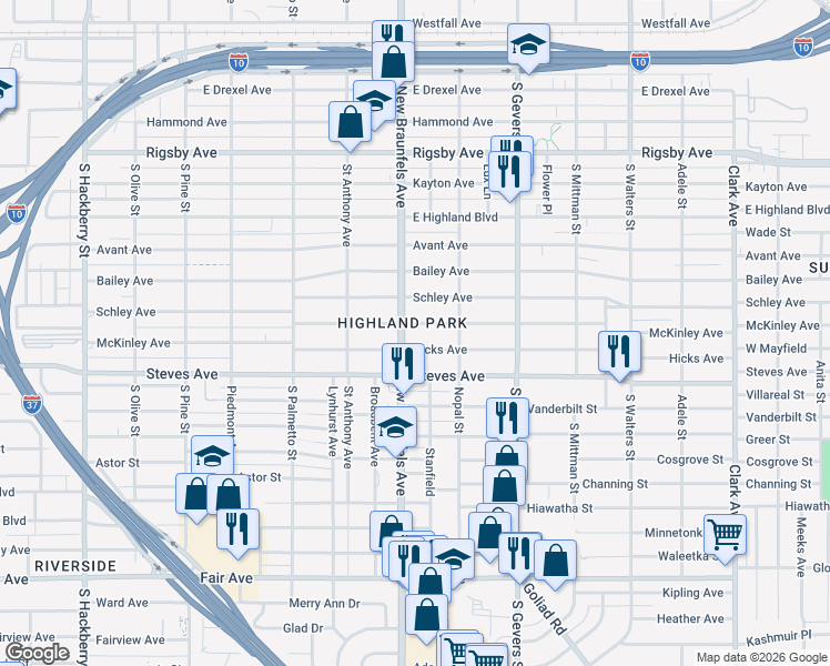 map of restaurants, bars, coffee shops, grocery stores, and more near 1534 McKinley Avenue in San Antonio