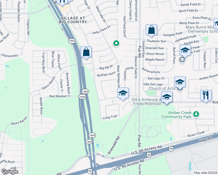 map of restaurants, bars, coffee shops, grocery stores, and more near 11430 Bald Eagle Way in San Antonio