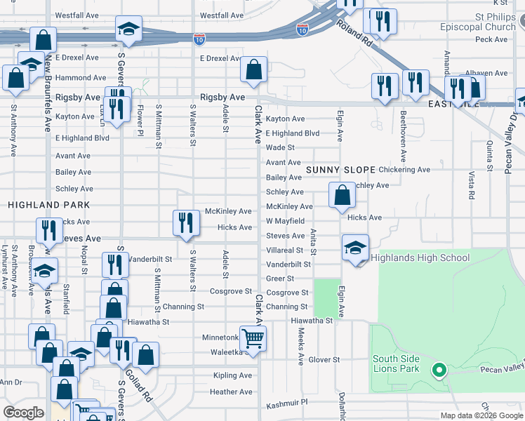 map of restaurants, bars, coffee shops, grocery stores, and more near 2020 Clark Avenue in San Antonio