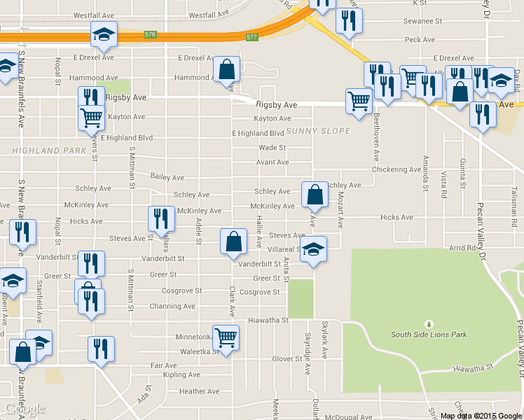 map of restaurants, bars, coffee shops, grocery stores, and more near 2206 McKinley Ave in San Antonio