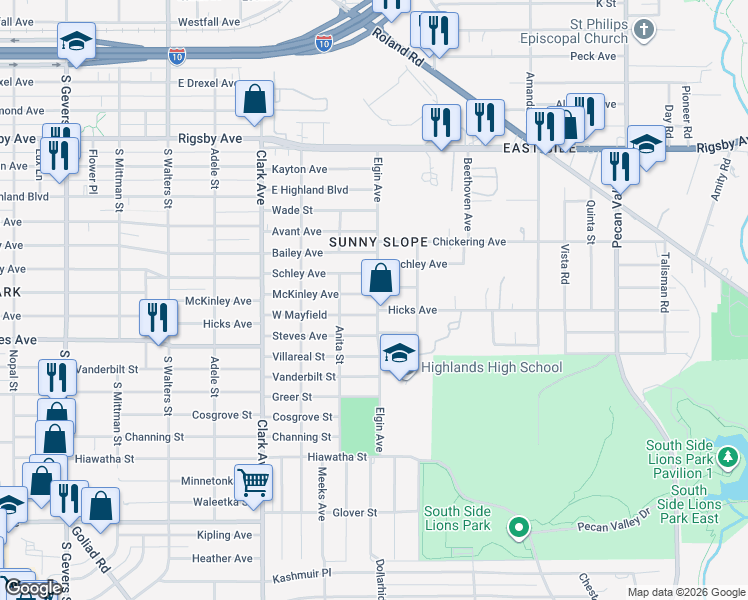 map of restaurants, bars, coffee shops, grocery stores, and more near 2334 McKinley Ave in San Antonio
