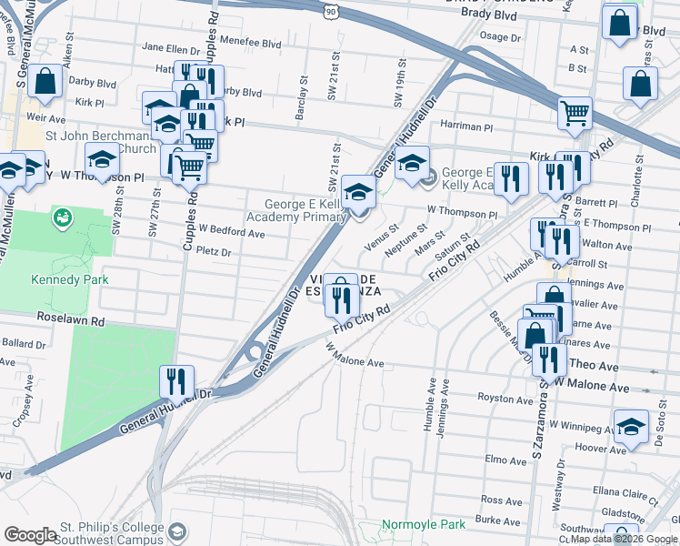 map of restaurants, bars, coffee shops, grocery stores, and more near 2318 Jupiter Street in San Antonio