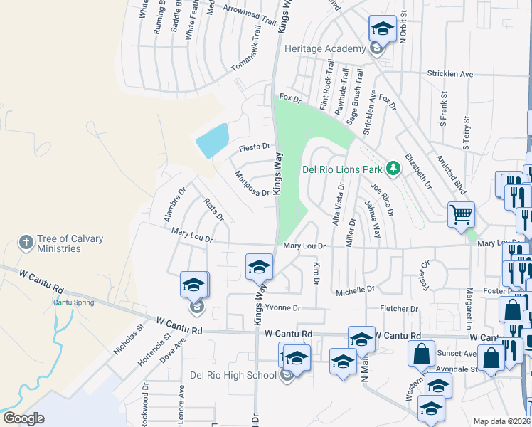 map of restaurants, bars, coffee shops, grocery stores, and more near 114 Siesta Circle in Del Rio