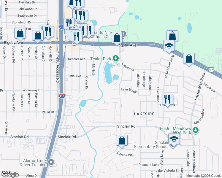 map of restaurants, bars, coffee shops, grocery stores, and more near 2801 Lake Emerald in San Antonio
