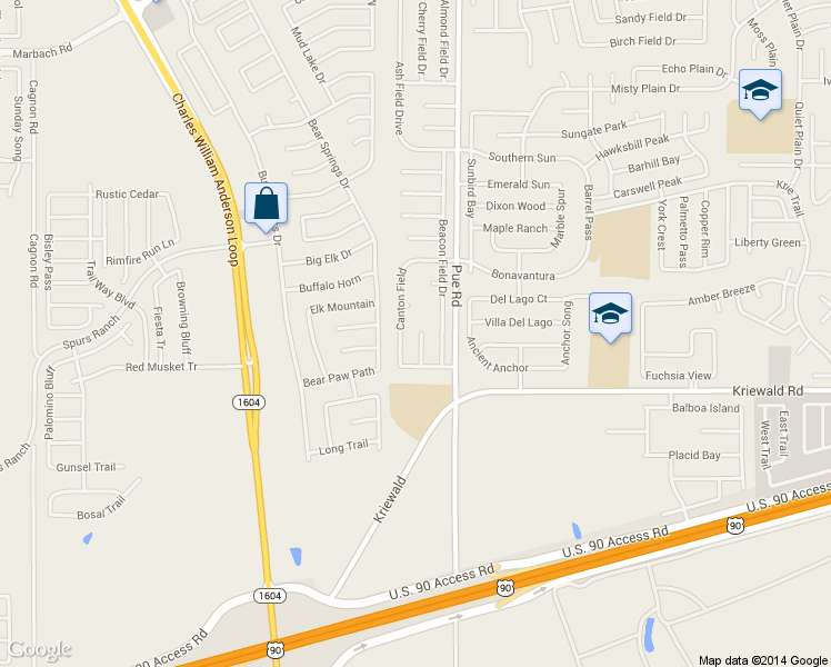 map of restaurants, bars, coffee shops, grocery stores, and more near 3115 Opal Field in San Antonio