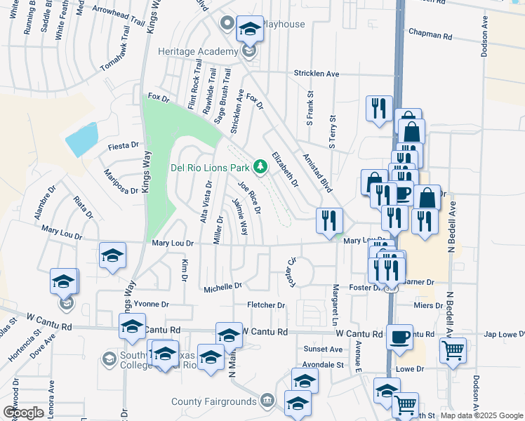 map of restaurants, bars, coffee shops, grocery stores, and more near 113 Joe Rice Drive in Del Rio